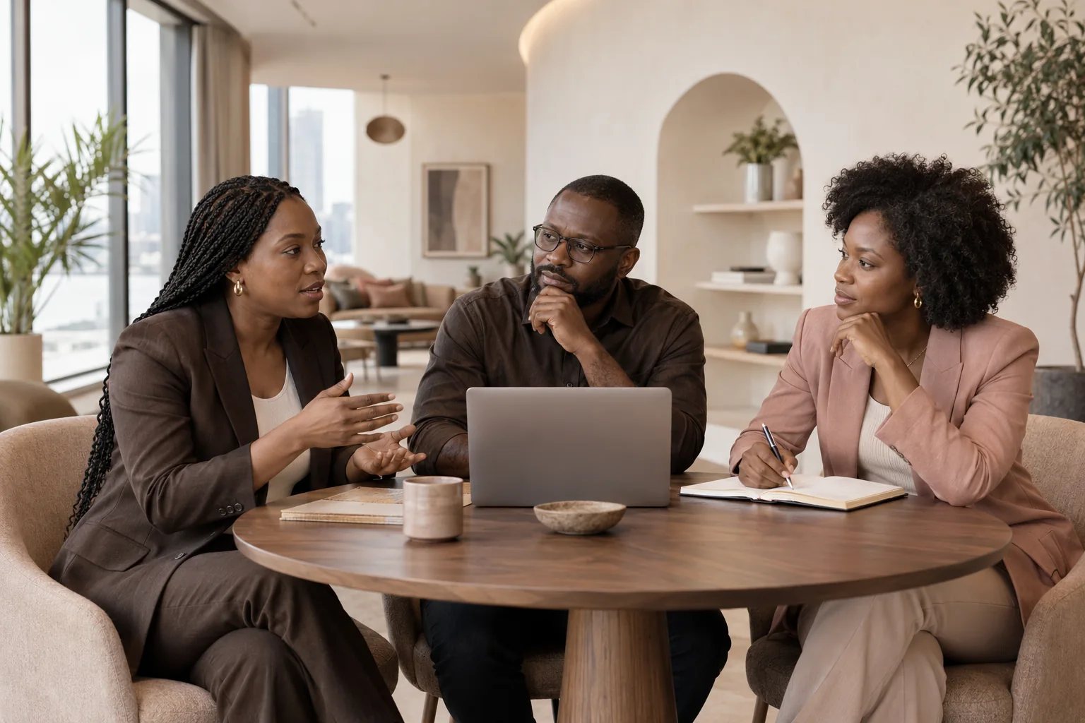 Colleagues planning employee onboarding and training together around a laptop