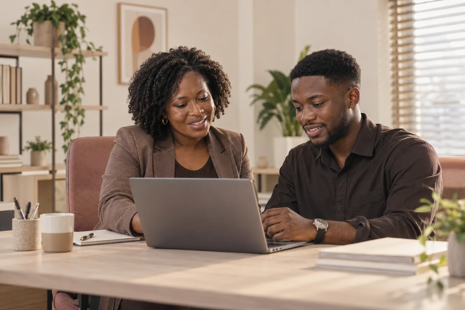 A team lead helping a new colleague get started at a shared desk